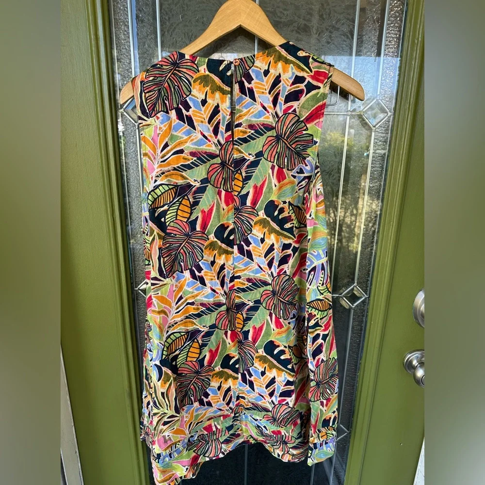 Small Linen V Neck Tropical Vacation Shift Dress Pockets Bright Colorful Resort - Picture 5 of 6